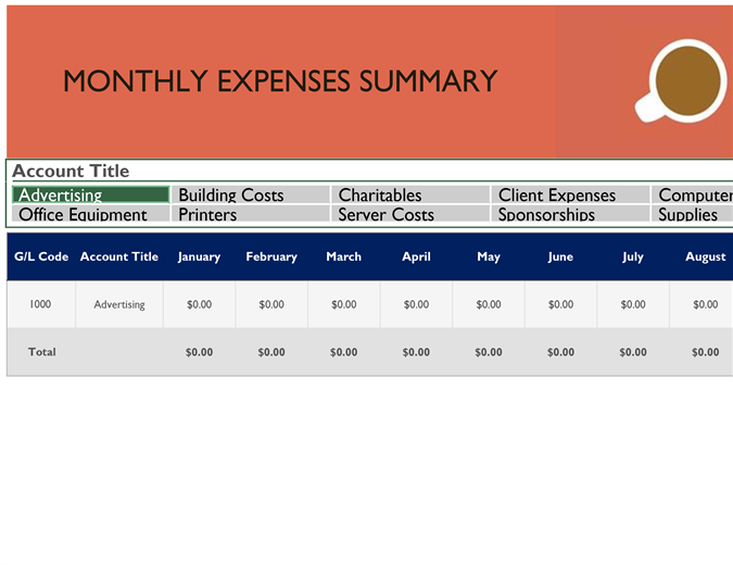 general ledger with monthly expenses