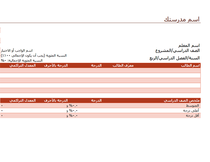 دفتر درجات المعلم (استنادًا إلى النسب المئوية) دفتر درجات المعلم (استنادًا إلى النسب المئوية)