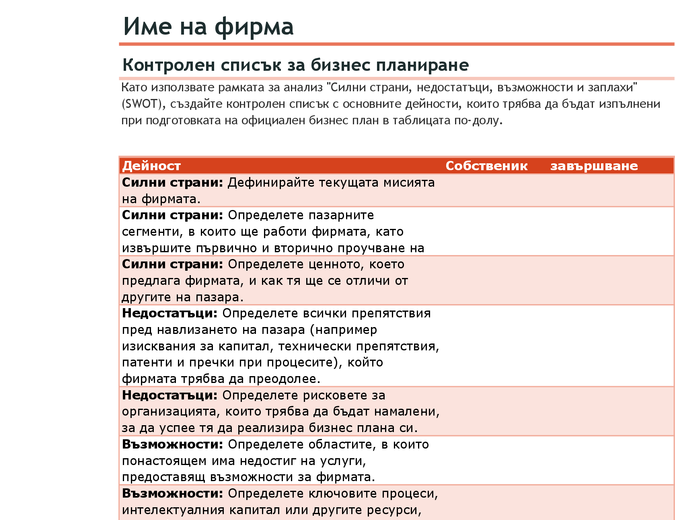Контролен списък за бизнес план със SWOT анализ Контролен списък за бизнес план със SWOT анализ