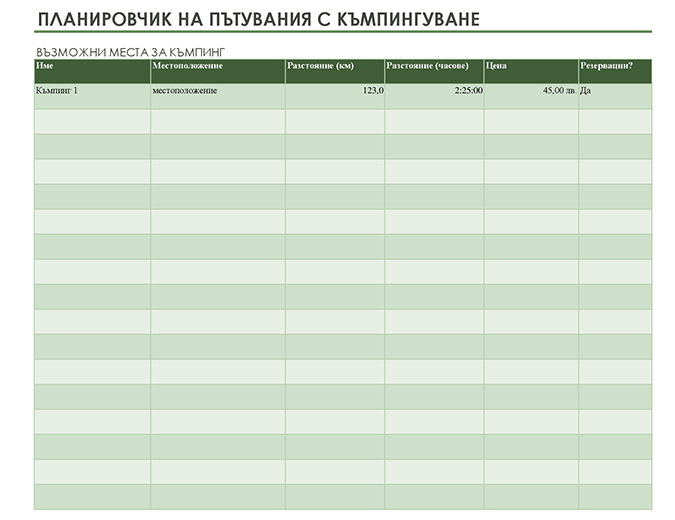 Планировчик на пътувания с къмпингуване Планировчик на пътувания с къмпингуване