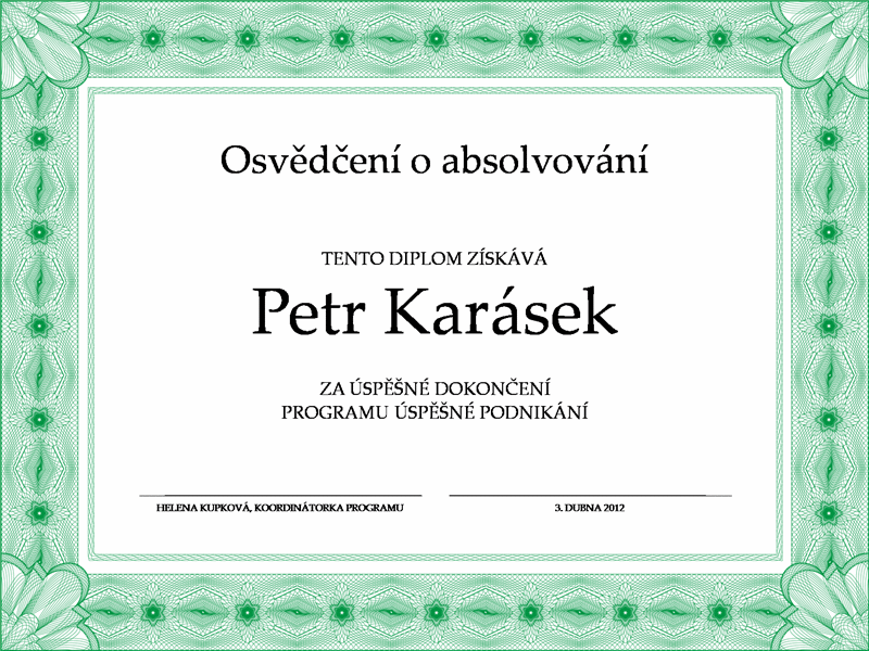 Osvědčení o absolvování (zelené) Osvědčení o absolvování (zelené)