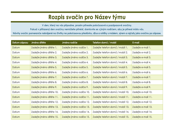 Rozpis svačin pro mládežnický sportovní tým Rozpis svačin pro mládežnický sportovní tým