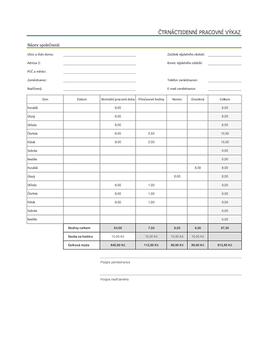 Čtrnáctidenní pracovní výkaz s údaji o nemoci a dovolené (a ukázkovými daty) Čtrnáctidenní pracovní výkaz s údaji o nemoci a dovolené (a ukázkovými daty)