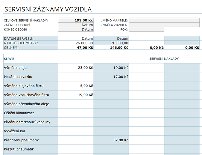 Servisní záznamy vozidla Servisní záznamy vozidla