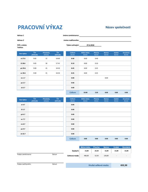 Týdenní pracovní výkaz Týdenní pracovní výkaz