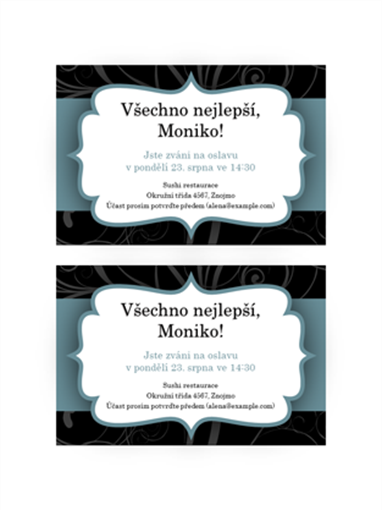 Pozvánka na večírek (design s modrou stuhou, 2 na stránku) Pozvánka na večírek (design s modrou stuhou, 2 na stránku)
