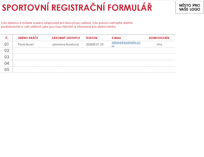 Sportovní přihlašovací formulář Sportovní přihlašovací formulář