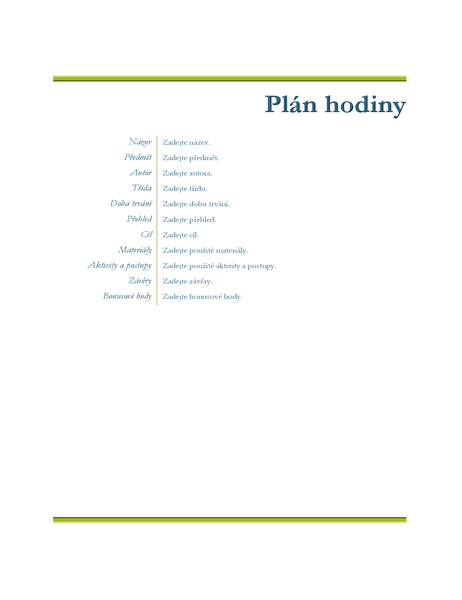 Plán hodiny pro učitele Plán hodiny pro učitele
