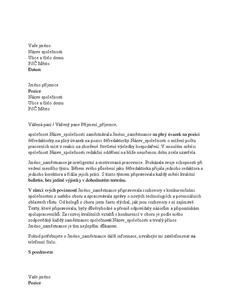 Referenční dopis pro odborného zaměstnance Referenční dopis pro odborného zaměstnance