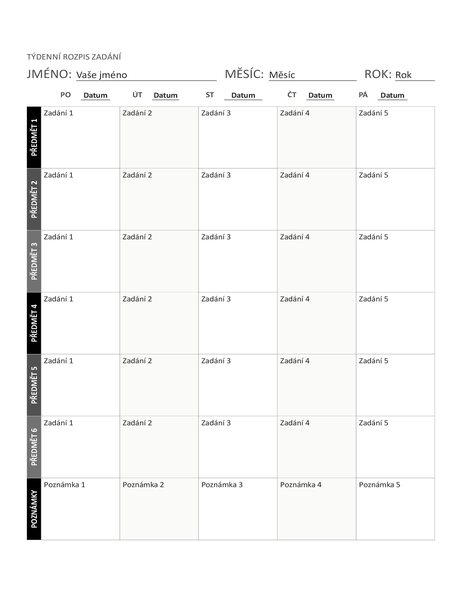 Weekly assignment sheet (black and white) Weekly assignment sheet (black and white)