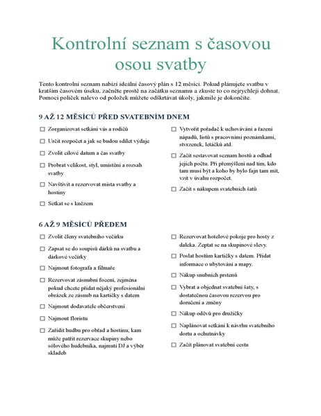 Kontrolní seznam s časovou osou svatby Kontrolní seznam s časovou osou svatby