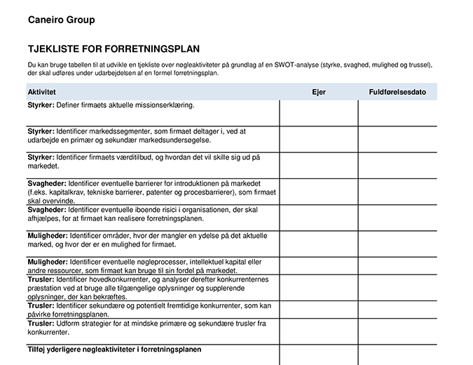 Tjekliste for forretningsplan Tjekliste for forretningsplan