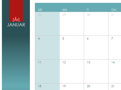 Kalender for et hvilket som helst år - Office Templates