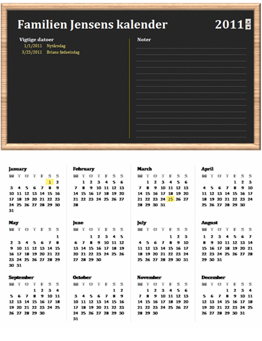 Familiekalender (et hvilket som helst år, mandag til søndag) Familiekalender (et hvilket som helst år, mandag til søndag)