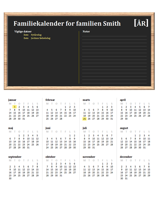 Familiekalender (alle år, man-søn) Familiekalender (alle år, man-søn)