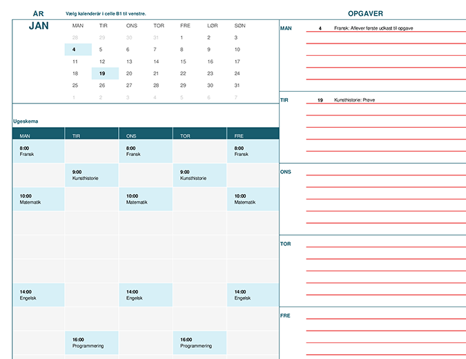 Kalender til studerende (man) - Office Templates