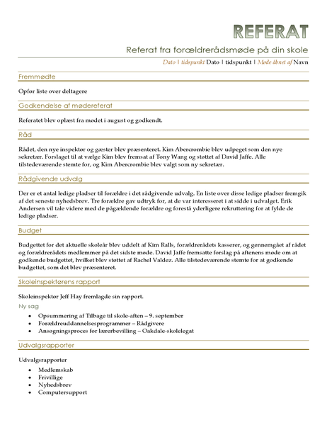 Referat fra forældrerådsmøde Referat fra forældrerådsmøde