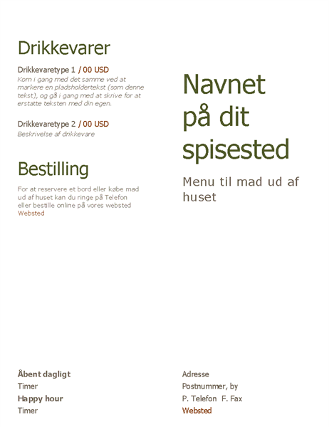 Menu til mad ud af huset Menu til mad ud af huset