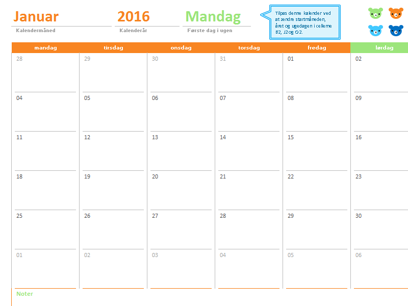Månedskalender for et hvilket som helst år (12 sider, design med farvede bjørne) Månedskalender for et hvilket som helst år (12 sider, design med farvede bjørne)