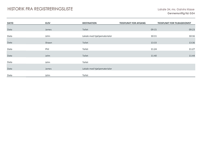 Registreringsliste til udgangstilladelse for elever Registreringsliste til udgangstilladelse for elever