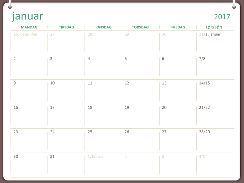 Kalender for 2017 (man-søn, design med to ringe) Kalender for 2017 (man-søn, design med to ringe)
