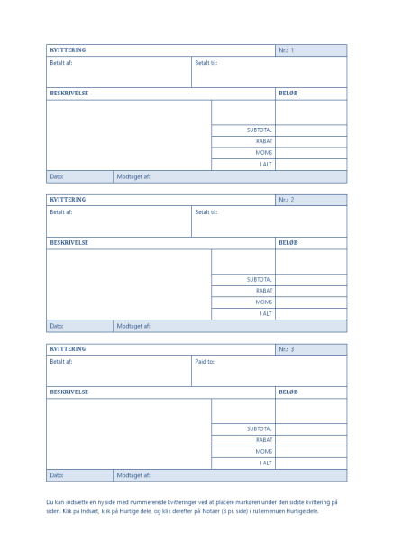 Kvittering med automatisk nummerering 3 pr. side) Kvittering med automatisk nummerering 3 pr. side)