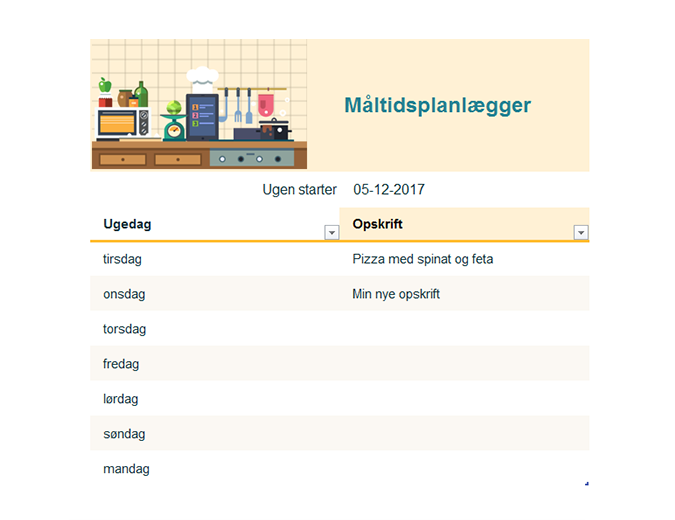 Ugentlig måltidsplanlægning Ugentlig måltidsplanlægning