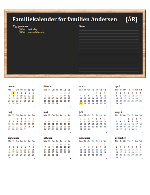Familiekalender (ethvert år, man-søn) Familiekalender (ethvert år, man-søn)