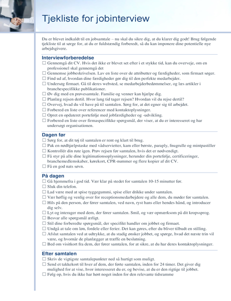 Tjekliste for jobinterview Tjekliste for jobinterview