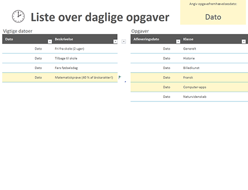 Liste over daglige opgaver Liste over daglige opgaver