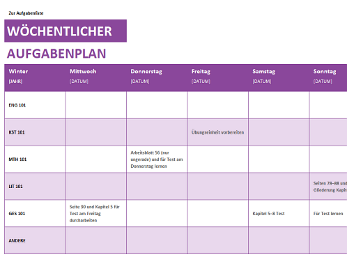 Wöchentliche Aufgabenliste Wöchentliche Aufgabenliste
