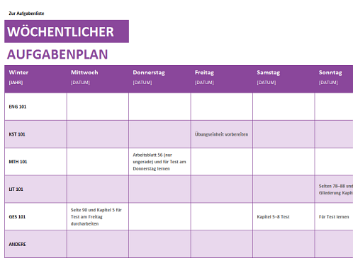 Wöchentliche Aufgabenliste