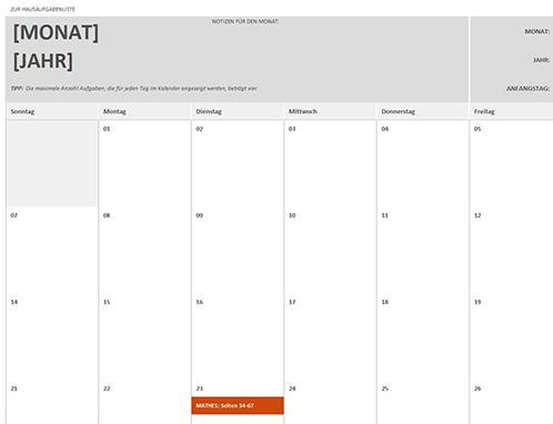 Hausaufgabenkalender Hausaufgabenkalender