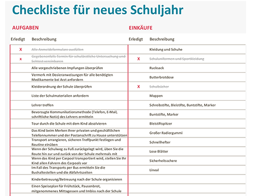 Checkliste für neues Schuljahr Checkliste für neues Schuljahr