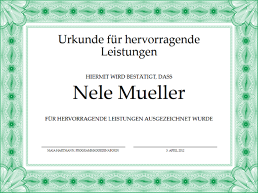 Urkunde für hervorragende Leistungen (grün) Urkunde für hervorragende Leistungen (grün)