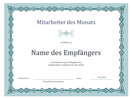 Urkunde für Mitarbeiter des Monats (Design mit blauem Kettenmuster) Urkunde für Mitarbeiter des Monats (Design mit blauem Kettenmuster)