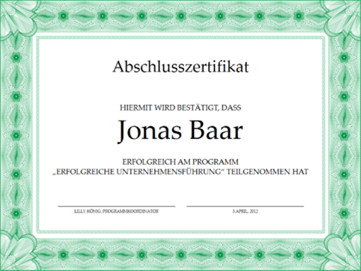 Abschlusszertifikat (grün) Abschlusszertifikat (grün)