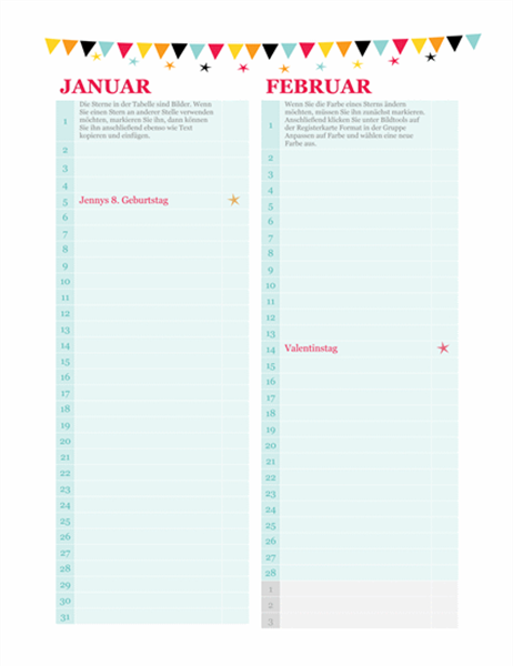 Kalender für Geburtstage und Jahrestage (beliebiges Jahr) Kalender für Geburtstage und Jahrestage (beliebiges Jahr)