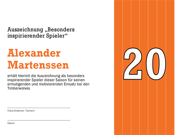 Auszeichnungsurkunde für besonders inspirierenden Spieler (anpassbarer Titel) Auszeichnungsurkunde für besonders inspirierenden Spieler (anpassbarer Titel)