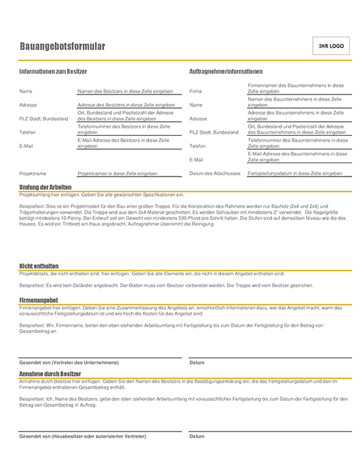 Bauangebotsformular Bauangebotsformular