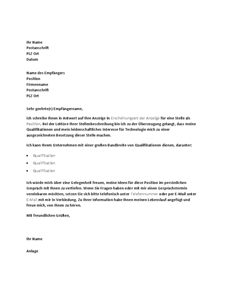 Beispielanschreiben als Antwort auf eine Stellenanzeige für eine technische Position Beispielanschreiben als Antwort auf eine Stellenanzeige für eine technische Position