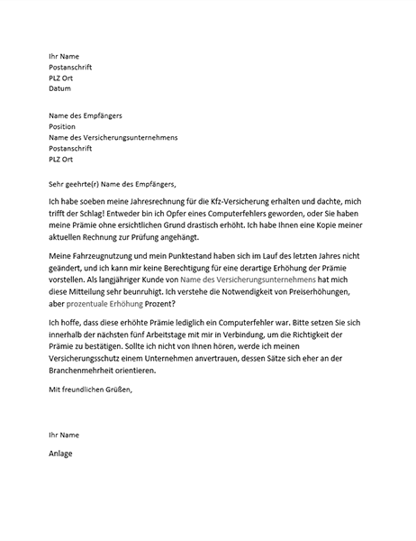 Beschwerdebrief wegen einer Erhöhung der Versicherungsprämie Beschwerdebrief wegen einer Erhöhung der Versicherungsprämie
