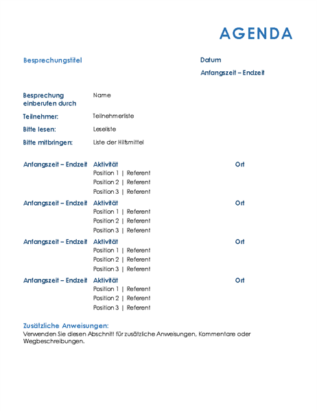 Ganztägige Besprechungsagenda (formell) Ganztägige Besprechungsagenda (formell)