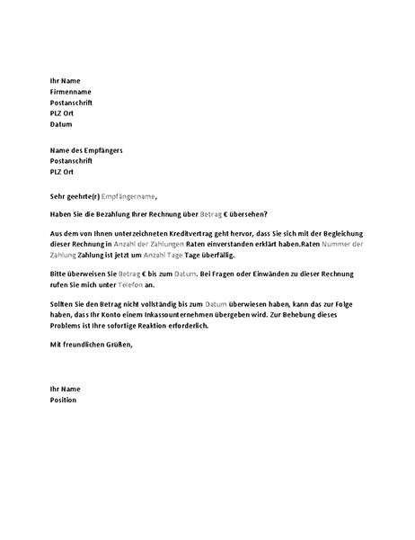 Brief zur Zahlungsaufforderung bei Ratenzahlung Brief zur Zahlungsaufforderung bei Ratenzahlung