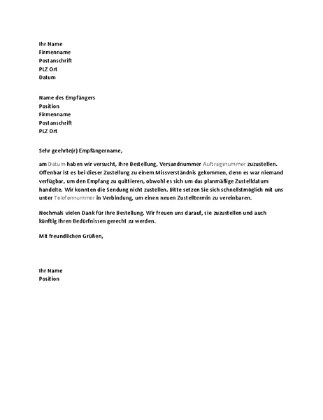 Brief zur Benachrichtigung eines Kunden über eine verpasste Zustellung Brief zur Benachrichtigung eines Kunden über eine verpasste Zustellung