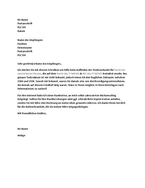 Brief zur Bitte um Daten von Vorfahren bei einem Bestattungsinstitut Brief zur Bitte um Daten von Vorfahren bei einem Bestattungsinstitut