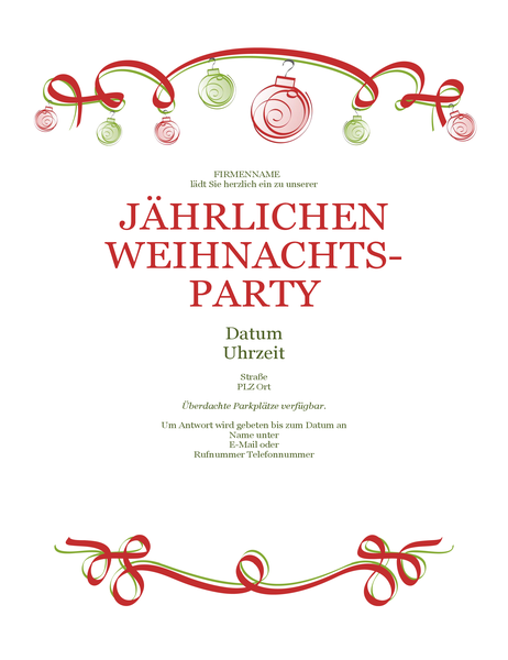 Einladung zur Weihnachtsparty mit Ornamenten und rotem Band (formales Design) Einladung zur Weihnachtsparty mit Ornamenten und rotem Band (formales Design)