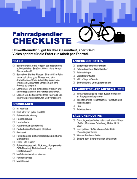Liste de contrôle Trajets domicile-travail à vélo Liste de contrôle Trajets domicile-travail à vélo