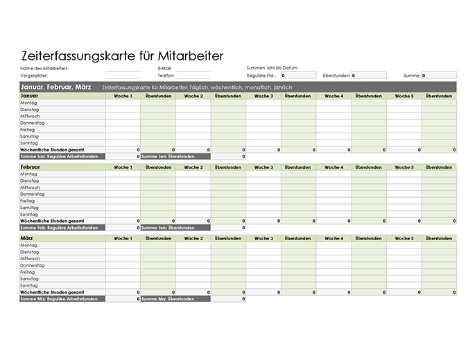 Zeiterfassungskarte für Mitarbeiter (täglich, wöchentlich, monatlich und jährlich) Zeiterfassungskarte für Mitarbeiter (täglich, wöchentlich, monatlich und jährlich)
