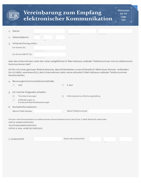 Zustimmung zum Empfang elektronischer Kommunikation für Kleinunternehmen Zustimmung zum Empfang elektronischer Kommunikation für Kleinunternehmen